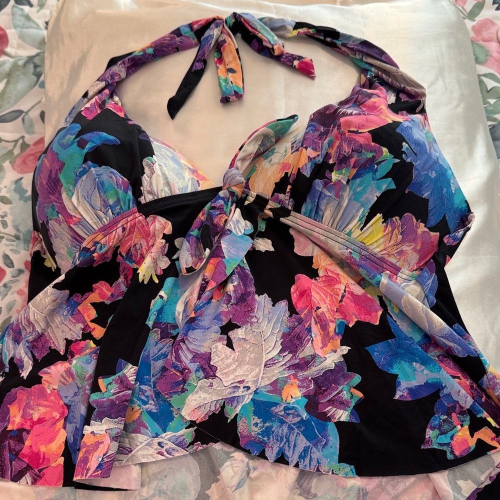 Black Floral Halter Swim Tank Top with Tie Front - Women's Swim XL